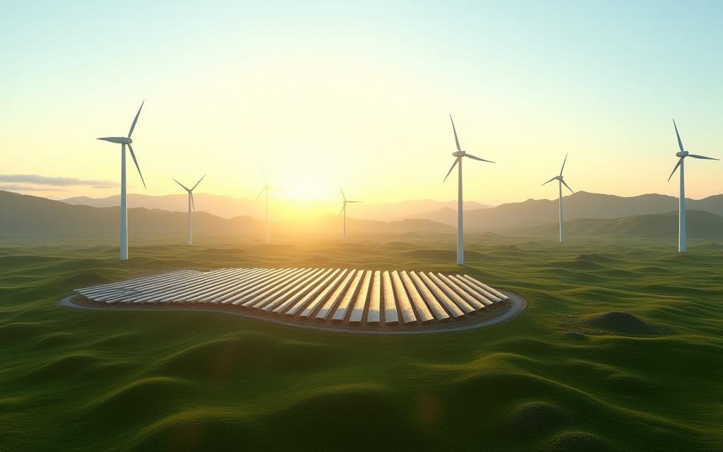 Solar panels and wind turbines in a green landscape